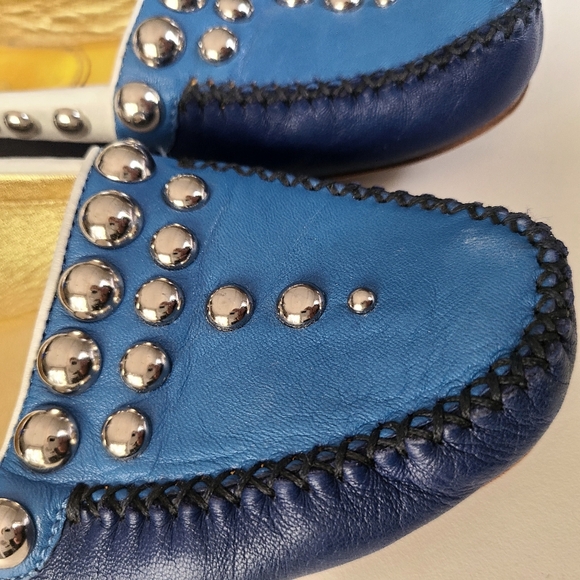 PRADA Driving Moc Studded Silver Embellished Loafer Flat Royal Navy White 36 - Picture 5 of 10